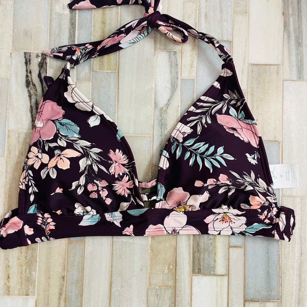 Kona Sol Floral Bikini Set Medium Burgundy Pink Tie Side Halter - Picture 11 of 15